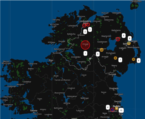 Mapa 1. Miejsca zamachów RIRA na terenie Irlandii oraz Irlandii Północnej, w wyniku których odnotowano oﬁary śmiertelne (kolor czerwony) lub ranne (kolor pomarańczowy)